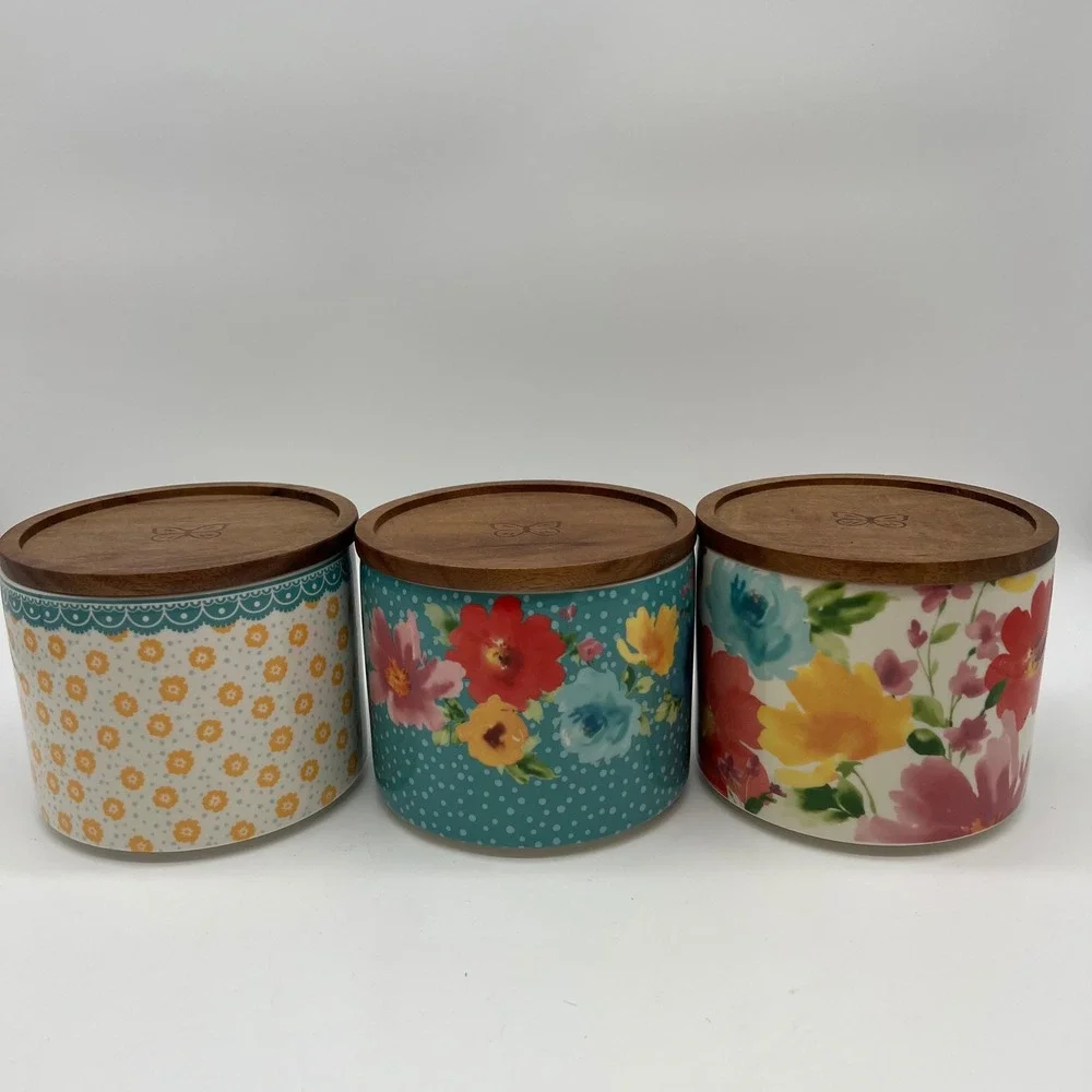 The Pioneer Woman Stackable 3 Piece Stoneware Canister Set Acacia Sealing Lids